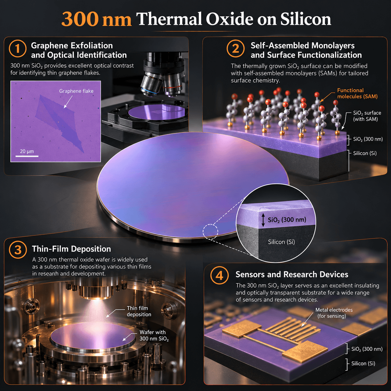 Illustration of 300 nm silicon dioxide on a silicon wafer used for graphene, self-assembled monolayers, thin films, and research devices