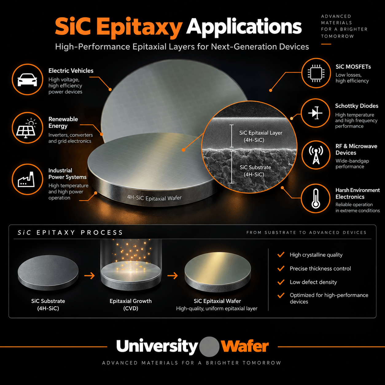 SiC epitaxy applications including electric vehicles, renewable energy, power electronics, SiC MOSFETs, Schottky diodes, RF devices, and high-temperature electronics
