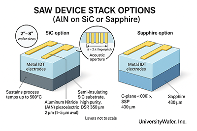 Surface acoustic wave (SAW) device stack options—2 µm AlN on SiC (350 µm) and on C-plane sapphire (430 µm) with IDT electrodes; layers not to scale.