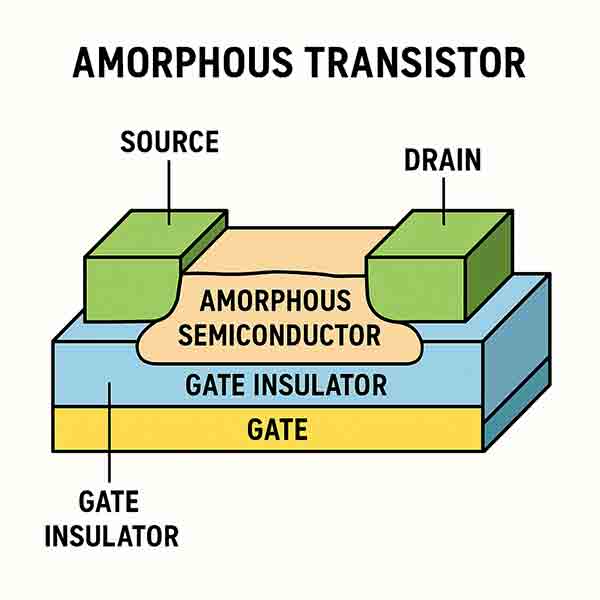 Cross-sectional diagram of an amorphous transistor showing source, drain, amorphous semiconductor layer, gate insulator, and gate