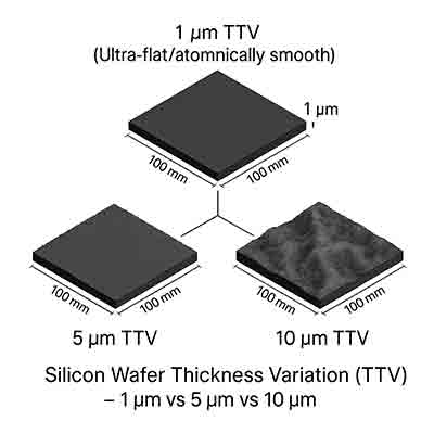 silicon wafer total thickness variation: 1 µm ultra-flat wafer on top, 5 µm on the left, and 10 µm on the right; black/gray substrates on a white background