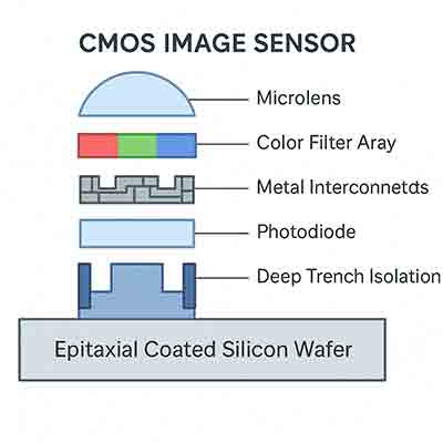 Cross-sectional diagram of a CMOS image sensor built on an epitaxial coated silicon wafer showing microlens, color filter array, metal interconnects, photodiode, and deep trench isolation layers