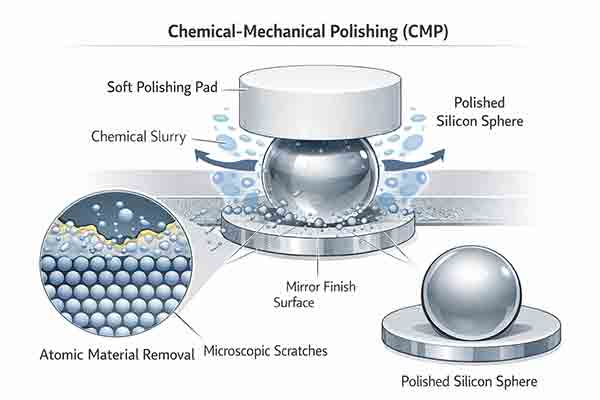 Chemical-mechanical polishing (CMP) of a monocrystalline silicon sphere to achieve near-atomic smoothness.
