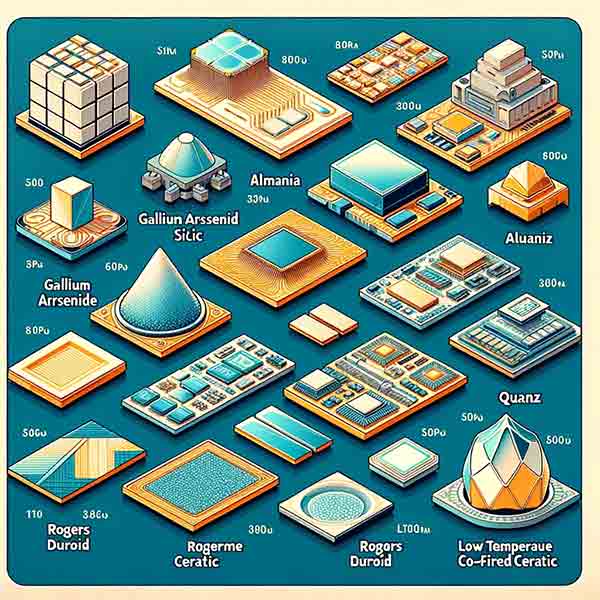 coplanar waveguide substrate map various substrates used for Coplanar Waveguides. Each section is labeled with the name of the substrate and visually represents the material, such as a silicon chip, a GaAs wafer, alumina ceramic, a quartz crystal, a Rogers Duroid board, an LTCC module, and a flexible polyimide film.