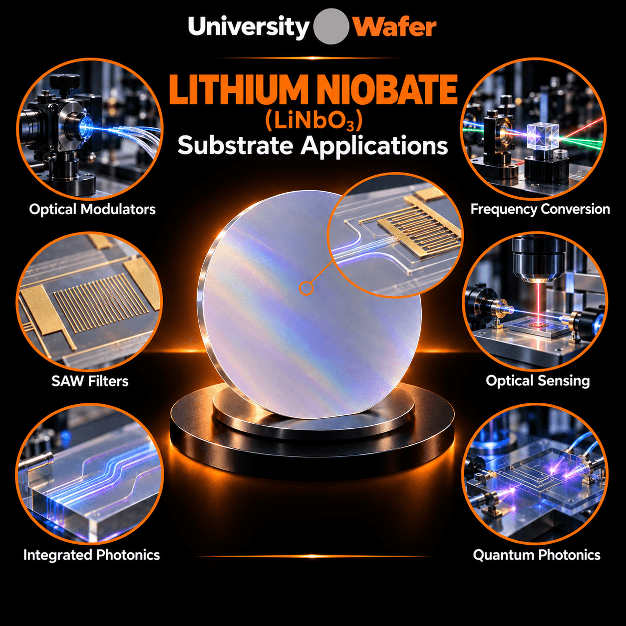 Lithium niobate substrate applications in optical modulators, SAW filters, integrated photonics, frequency conversion, optical sensing, and quantum photonics