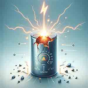 ielectric breakdown, showing a dielectric material with a visible failure under a high electric field, accompanied by sparks and electrical discharge.