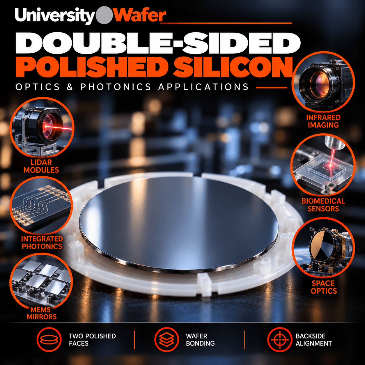 Double-sided polished silicon wafer applications in LiDAR, integrated photonics, MEMS mirrors, infrared imaging, biomedical sensors, and space optics