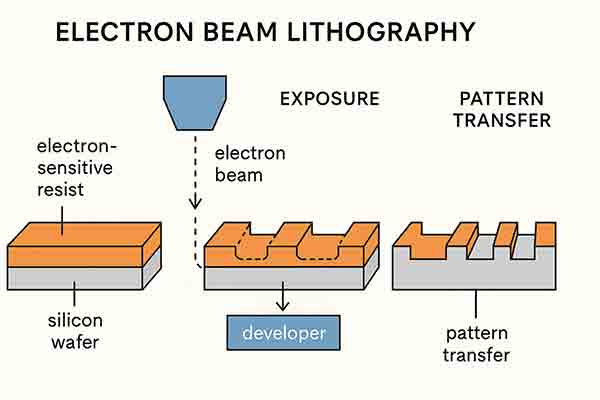 Diagram showing steps of Electron Beam Lithography: resist coating, electron beam exposure, development, and pattern transfer onto silicon wafer