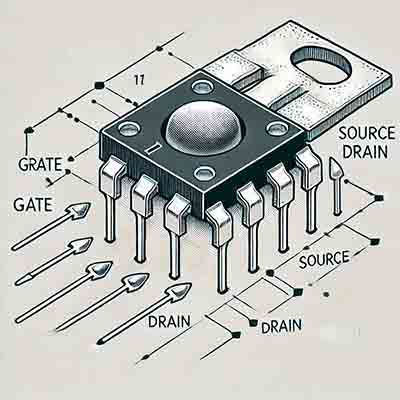Field-effect transistor diagram showing the gate, source, drain, dielectric, and semiconductor channel