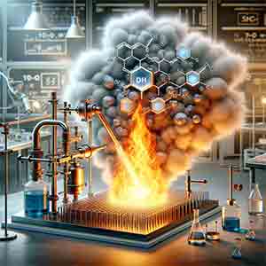Flame Hydrolysis Deposition (FHD) process used for creating Silicon Oxide wafers. The image shows the high-temperature flame reacting with a silicon-containing compound to form silicon dioxide, which is then deposited onto a substrate to form a wafer, all set in a laboratory environment.