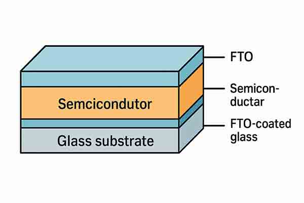 Layered Structure of FTO Substrate and Semiconductor Layers in Solar Cell Applications Layered structure diagram showing glass substrate, FTO-coated glass, semiconductor layer, and FTO layer used in semiconductor devices like solar cells