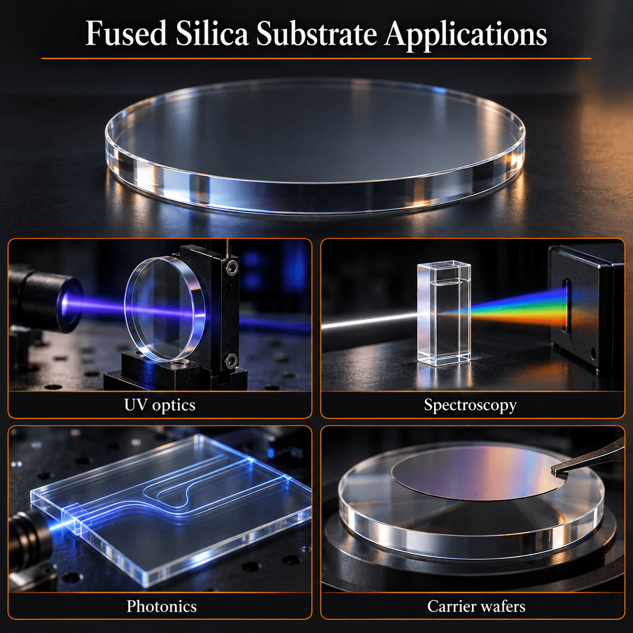 Fused silica substrate applications in UV optics, spectroscopy, photonics, and carrier wafers