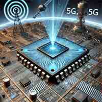 High Electron Mobility Transistor (HEMT) based on Gallium Arsenide (GaAs). It highlights its high-speed and high-frequency applications with circuit paths, RF signals, a satellite, and a 5G tower in the background. 