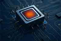 high-speed GeFET transistor on a semiconductor circuit board with bonded gold wires.