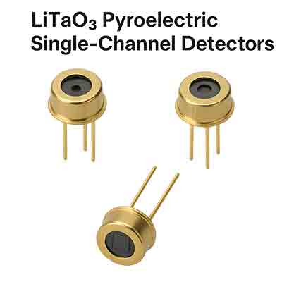 The devices shown in the image are pyroelectric single-channel detectors made using lithium tantalate (LiTaO₃). These are highly sensitive thermal detectors used to measure infrared (IR) radiation.