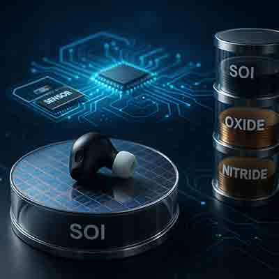 MEMS Audio Substrate Stack SOI, oxide, and nitride wafer stacks beside earbud and chips