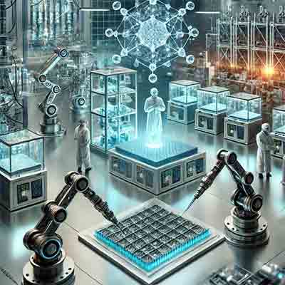 uturistic nanomanufacturing facility, showcasing advanced robotic arms assembling nanoscale devices on silicon wafers in a high-tech cleanroom environment