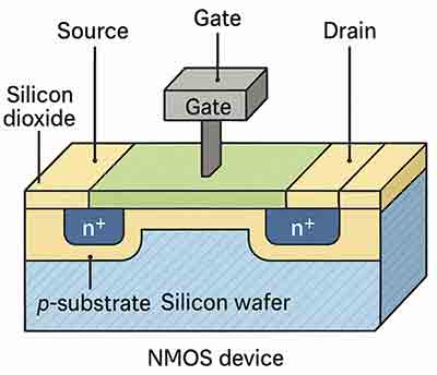 D cross-sectional diagram of NMOS device on a silicon wafer showing source, drain, gate, and oxide layers.