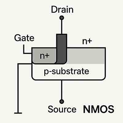 Schematic diagram of an NMOS transistor showing the Gate, Drain, and Source regions on a p-type substrate