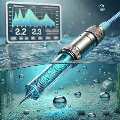optical dissolved oxygen sensor. It shows a cylindrical probe with a transparent tip, connected to a light source and photodetector through cables, partially submerged in water. The background highlights its application in environmental monitoring and aquaculture.