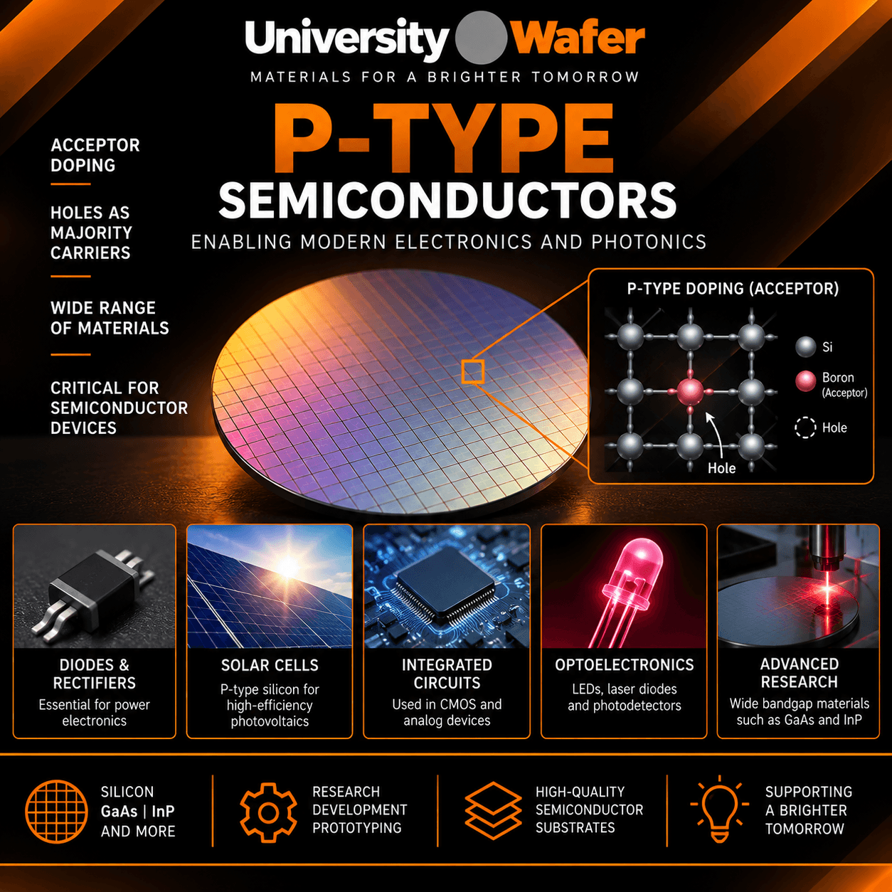 P-type semiconductor applications including diodes, solar cells, integrated circuits, optoelectronics, and semiconductor research