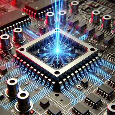  photonic integrated circuit (PIC) showcasing intricate waveguides, laser sources, and micro-ring resonators with glowing light propagation