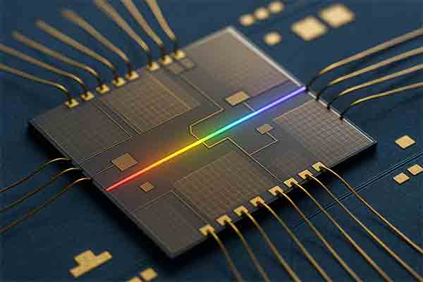 Photonic Integrated Circuit Design on Silicon Substrate with Laser and Wire Bonding Photonic Integrated Circuit (PIC) chip with rainbow laser beam and gold wire bonds on a silicon substrate