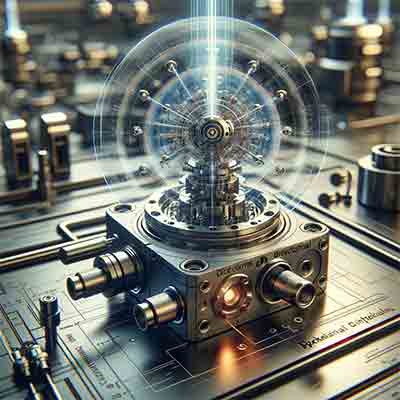 This image depicts a futuristic and high-tech device, set in a possible laboratory or industrial environment, with a focus on a central unit that resembles a Pockels cell. The device is shown controlling a beam of light, with visible electric fields or voltage indicators to emphasize its control aspect. The background features additional scientific or electronic equipment, enhancing the sense of advanced technology and precision.