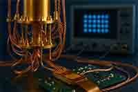 Quantum computing prototype setup with dilution refrigerator and copper wiring connected to a PCB