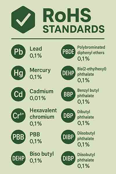 RoHS restricted substances and their concentration limits including lead, mercury, cadmium, and phthalates