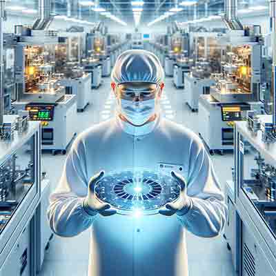 300mm transparent sapphire wafer, surrounded by advanced fabrication equipment. This visualizes the application of sapphire substrates in high-technology environments