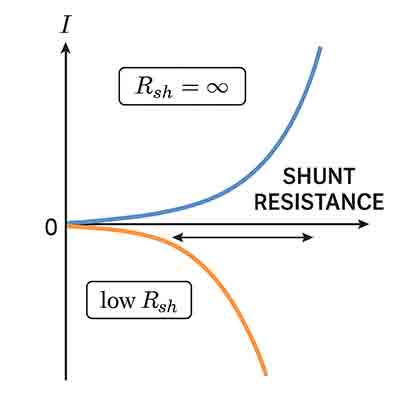 I-V curve of a semiconductor device showing high shunt resistance with steep current rise and low shunt resistance with leakage path flattening the curve.