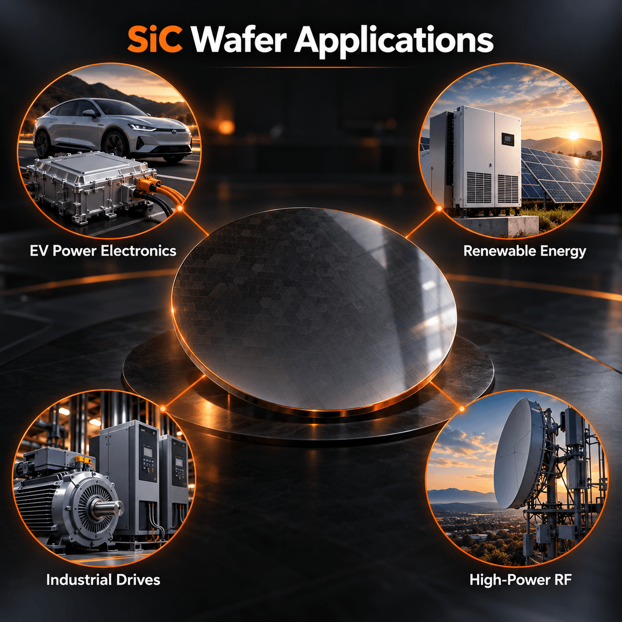 Illustration of silicon carbide wafers with a power electronics module