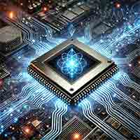 silicon carbide (SiC) quantum device, showcasing a high-tech semiconductor chip with glowing circuit pathways, quantum waveforms, and nanostructures. 