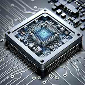 silicon-based optical device, specifically an integrated silicon photonics chip. The design details, including integrated circuits, waveguides, and micro-optical elements, are highlighted in this high-tech setting.