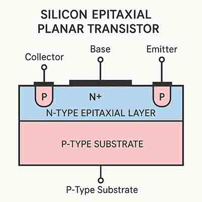 Cross-sectional diagram of a silicon epitaxial planar transistor showing emitter, base, collector, N-type epitaxial layer, and P-type substrate