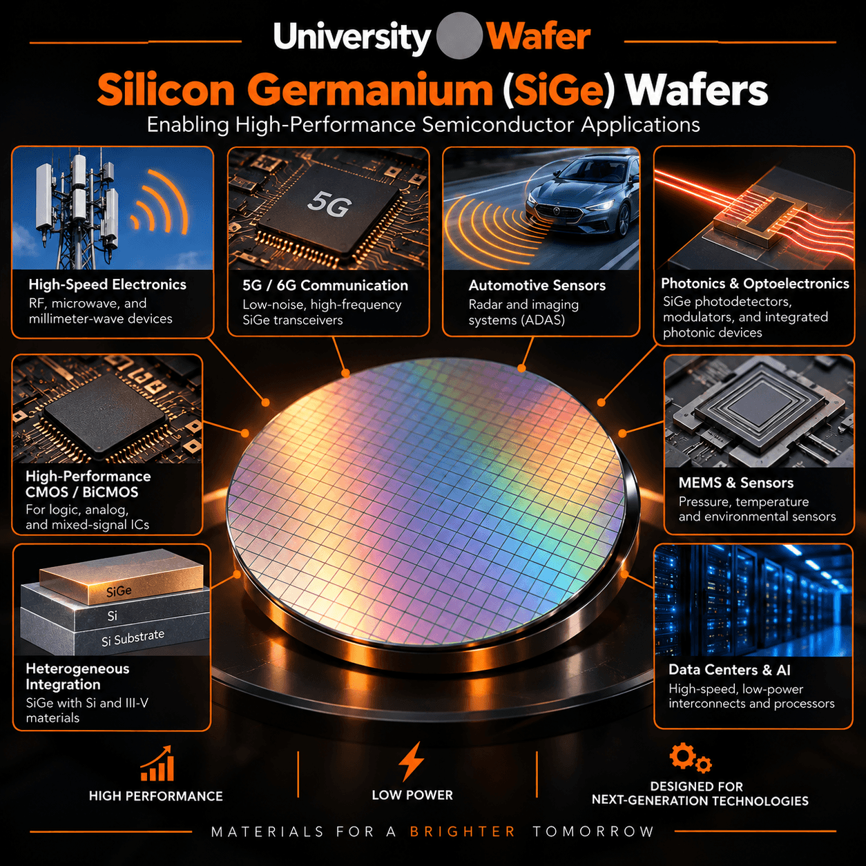 Silicon germanium SiGe substrate applications for high-speed CMOS, BiCMOS, RF and microwave devices, SiGe HBTs, silicon photonics, 5G, sensors, and heterojunction research