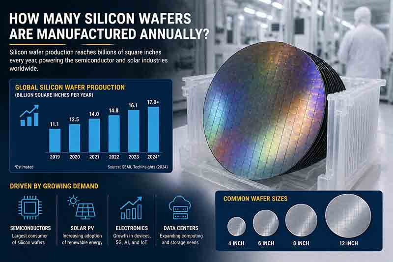 Global silicon wafer production statistics showing annual semiconductor wafer manufacturing demand and common wafer sizes