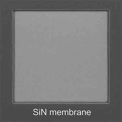 Silicon nitride (SiN) membrane suspended in a silicon frame, showing thin window structure for research applications