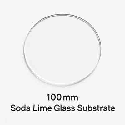 100mm soda lime glass substrate, transparent circular wafer on white background with polished edges