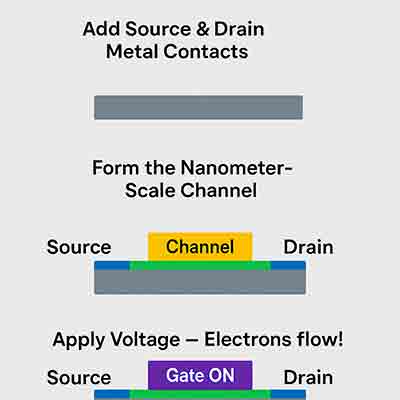 construction and operation of a nanotransistor: metal contacts, nanometer-scale channel, and gate activation allowing electron flow