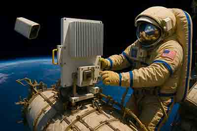 Close-up of a USA astronaut in space suit working on a semiconductor experiment module on the International Space Station.