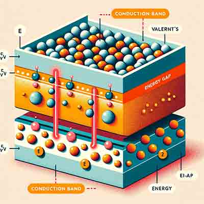  illustration showing the concept of the conduction band and valence band in a solid material. The image depicts the valence band filled with electrons and the conduction band, with some electrons indicating conductivity. The energy gap between these two bands is also clearly shown.