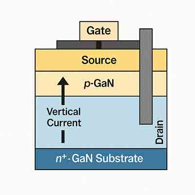 Vertical GaN device structure showing drift layer and vertical current flow