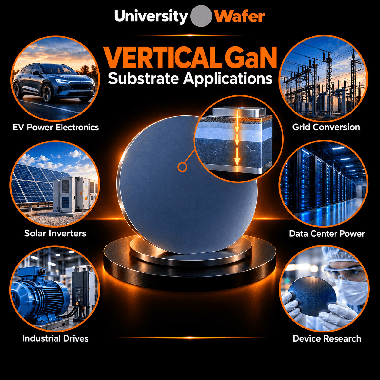 Vertical GaN substrate applications in EV power electronics, solar inverters, industrial drives, grid conversion, data center power, and device research